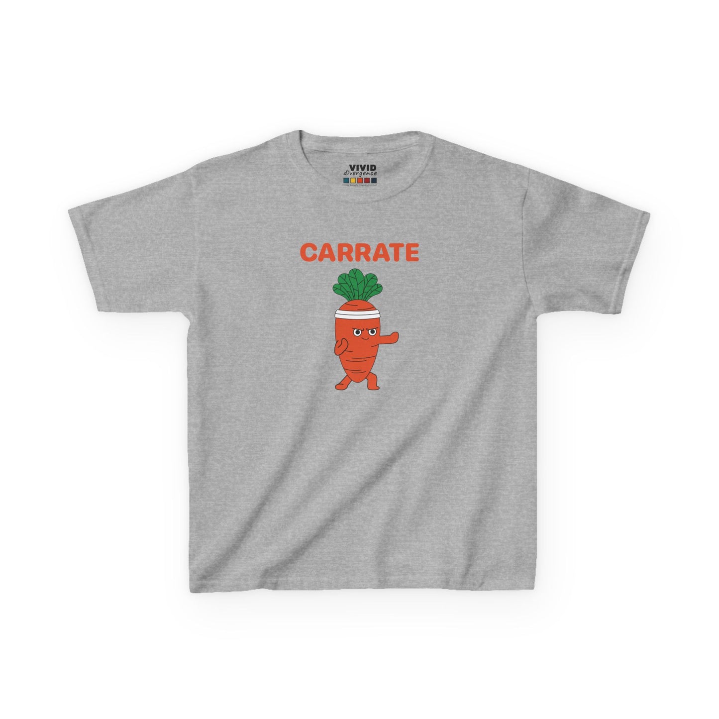 Front view of a gray "Carrate" karate carrot kids T-shirt featuring a cartoon carrot in a karate pose. Part of the Vivid Divergence Sensory Friendly Kids Shirts Range. The perfect T-shirt for sensory-sensitive kids and comes with a Sensory Satisfaction Promise.