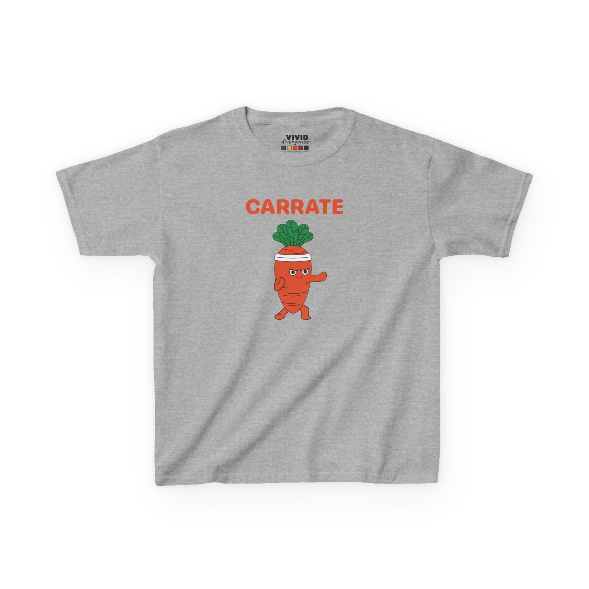 Front view of a gray "Carrate" karate carrot kids T-shirt featuring a cartoon carrot in a karate pose. Part of the Vivid Divergence Sensory Friendly Kids Shirts Range. The perfect T-shirt for sensory-sensitive kids and comes with a Sensory Satisfaction Promise.
