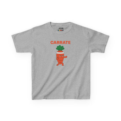 Front view of a gray "Carrate" karate carrot kids T-shirt featuring a cartoon carrot in a karate pose. Part of the Vivid Divergence Sensory Friendly Kids Shirts Range. The perfect T-shirt for sensory-sensitive kids and comes with a Sensory Satisfaction Promise.