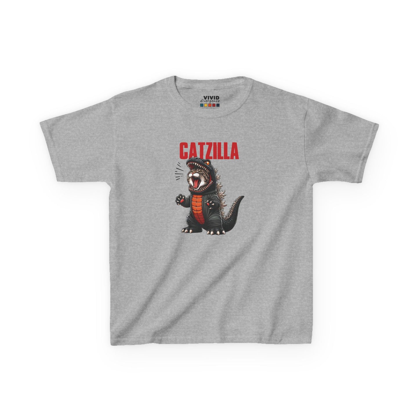 Front view of a gray "Catzilla" Godzilla parody kids T-shirt featuring a cartoon cat designed like Godzilla. Part of the Vivid Divergence Sensory Friendly Kids Shirts Range. The perfect T-shirt for sensory-sensitive kids and comes with a Sensory Satisfaction Promise.