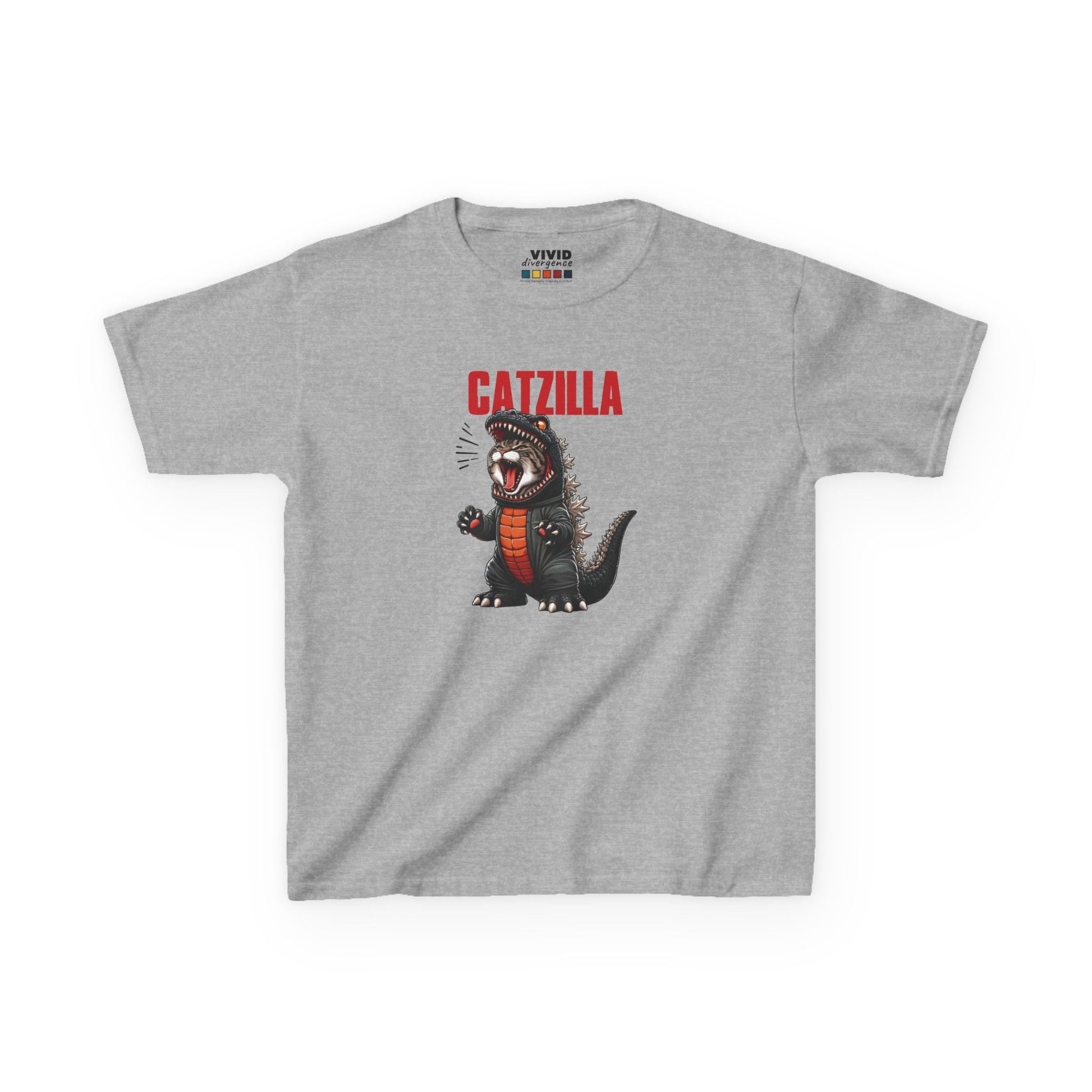 Front view of a gray "Catzilla" Godzilla parody kids T-shirt featuring a cartoon cat designed like Godzilla. Part of the Vivid Divergence Sensory Friendly Kids Shirts Range. The perfect T-shirt for sensory-sensitive kids and comes with a Sensory Satisfaction Promise.