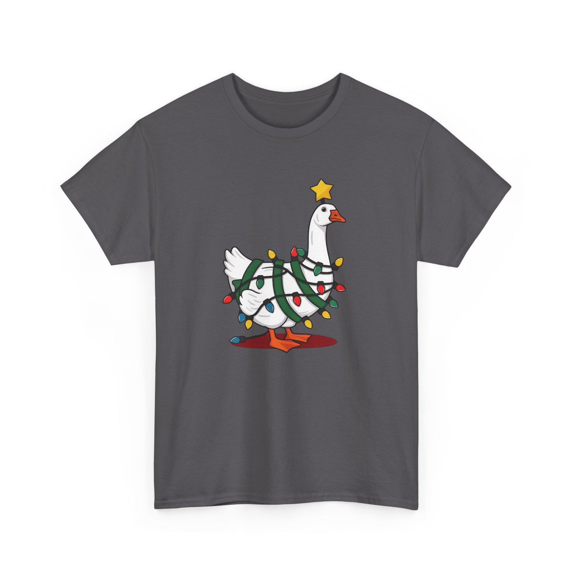 Front view of a gray T-shirt featuring a festive illustration of a goose wearing a Santa hat and stringing Christmas lights, with the text "Goose on the Loose." Part of the Vivid Divergence Sensory Friendly Unisex Tees Range.