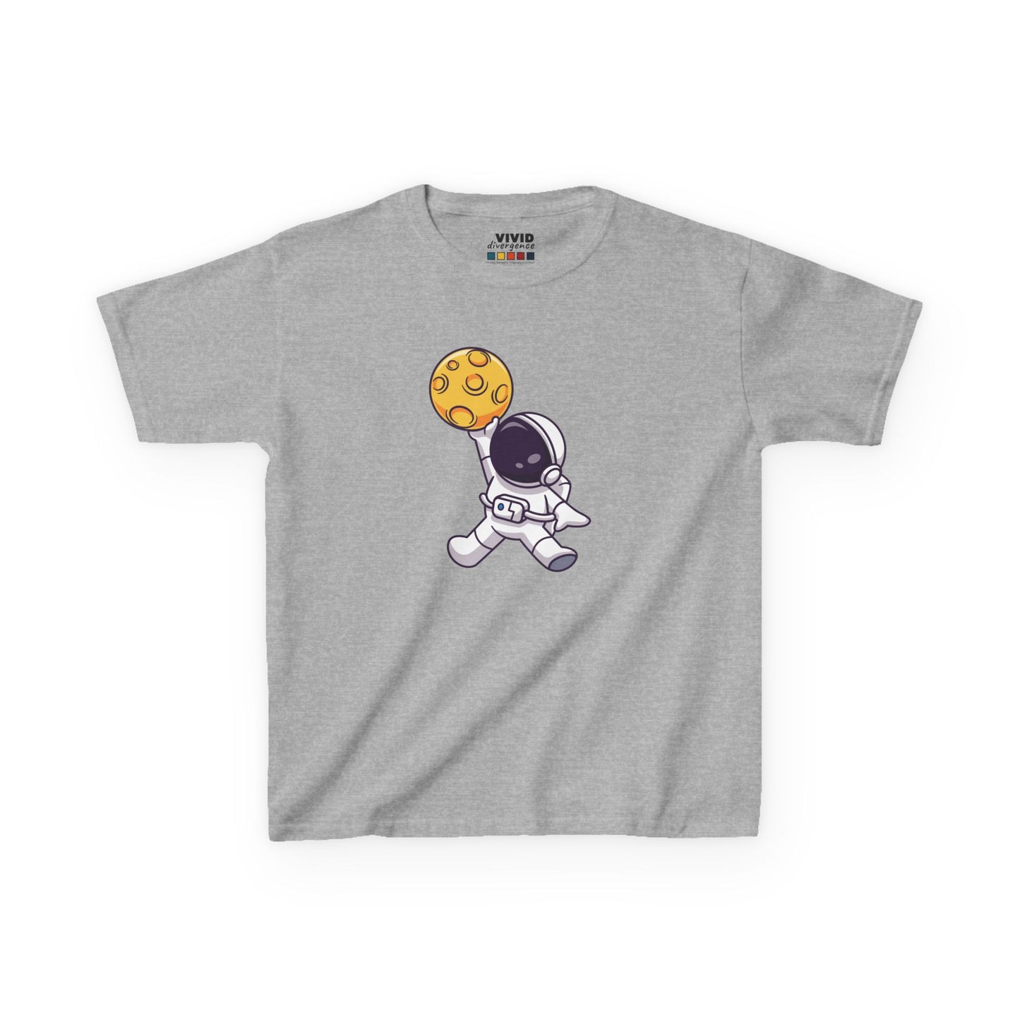 Front view of a gray "Dunking Astronaut" space basketball kids T-shirt featuring an astronaut dunking a basketball designed as a planet. Part of the Vivid Divergence Sensory Friendly Kids Shirts Range. The perfect T-shirt for sensory-sensitive kids and comes with a Sensory Satisfaction Promise.
