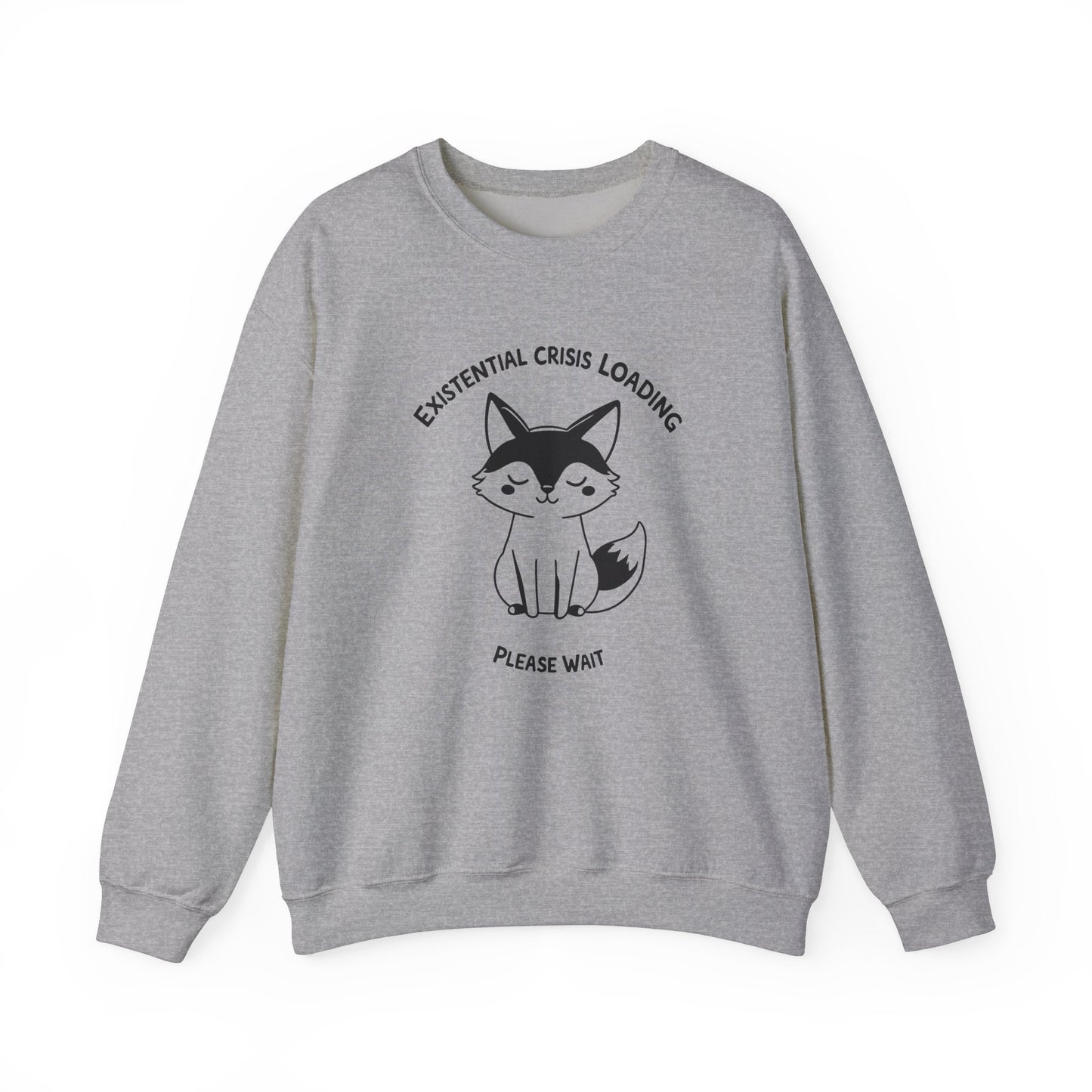 Front view of a gray sweater jumper with the text "Existential Crisis Loading, Please Wait" and a cartoon fox illustration. Part of the Vivid Divergence Sensory Friendly Unisex Sweater Jumper Range.