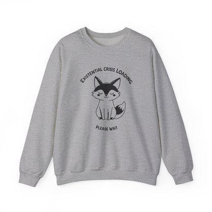 Front view of a gray sweater jumper with the text "Existential Crisis Loading, Please Wait" and a cartoon fox illustration. Part of the Vivid Divergence Sensory Friendly Unisex Sweater Jumper Range.
