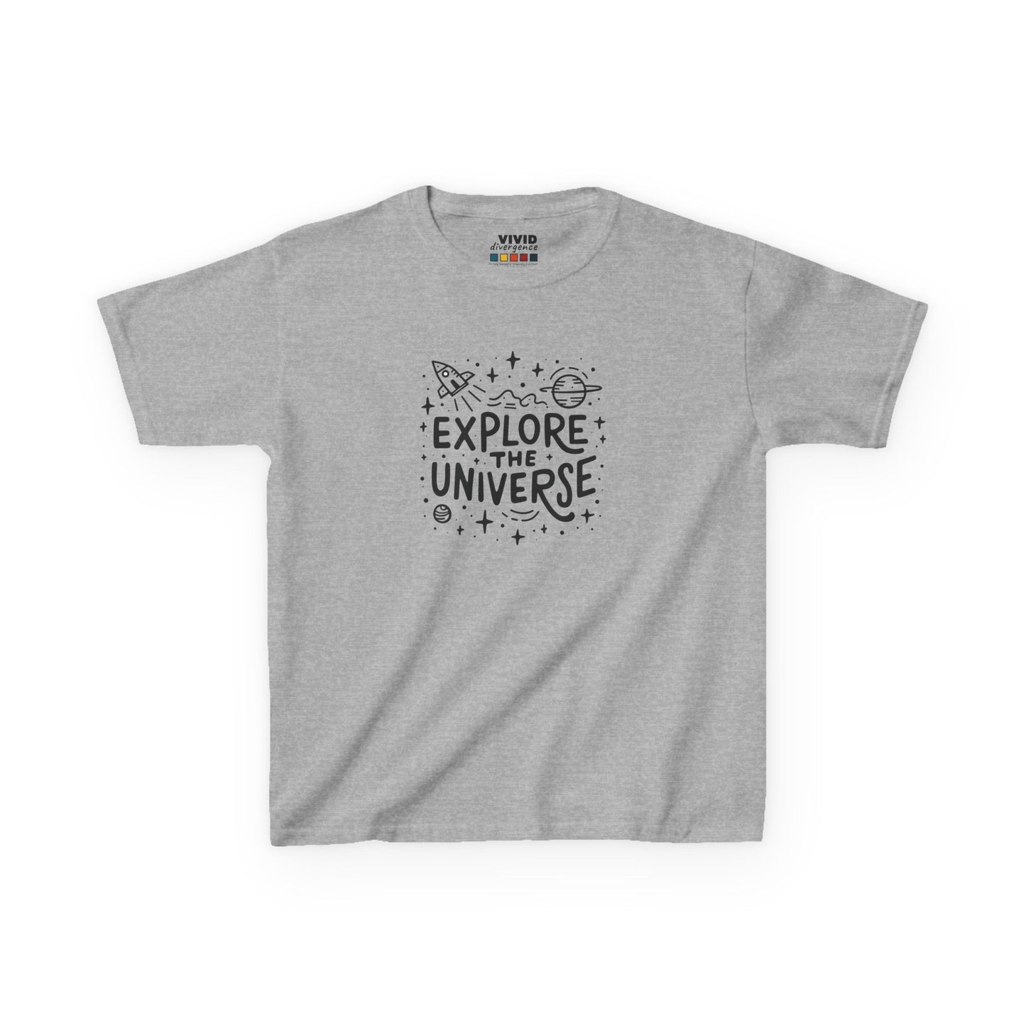 Front view of a gray "Explore The Universe" kids T-shirt featuring a space-themed graphic with stars and planets. Part of the Vivid Divergence Sensory Friendly Kids Shirts Range. The perfect T-shirt for sensory-sensitive kids and comes with a Sensory Satisfaction Promise.
