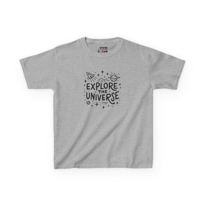 Front view of a gray "Explore The Universe" kids T-shirt featuring a space-themed graphic with stars and planets. Part of the Vivid Divergence Sensory Friendly Kids Shirts Range. The perfect T-shirt for sensory-sensitive kids and comes with a Sensory Satisfaction Promise.
