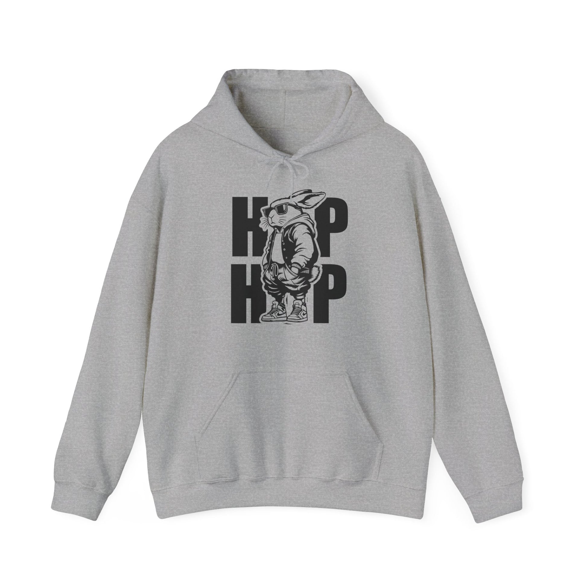 Front view of athletic heather gray hoodie with cool hip hop bunny design. Part of the Vivid Divergence Sensory Friendly Unisex Hoodies Range.