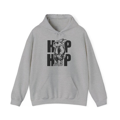 Front view of athletic heather gray hoodie with cool hip hop bunny design. Part of the Vivid Divergence Sensory Friendly Unisex Hoodies Range.