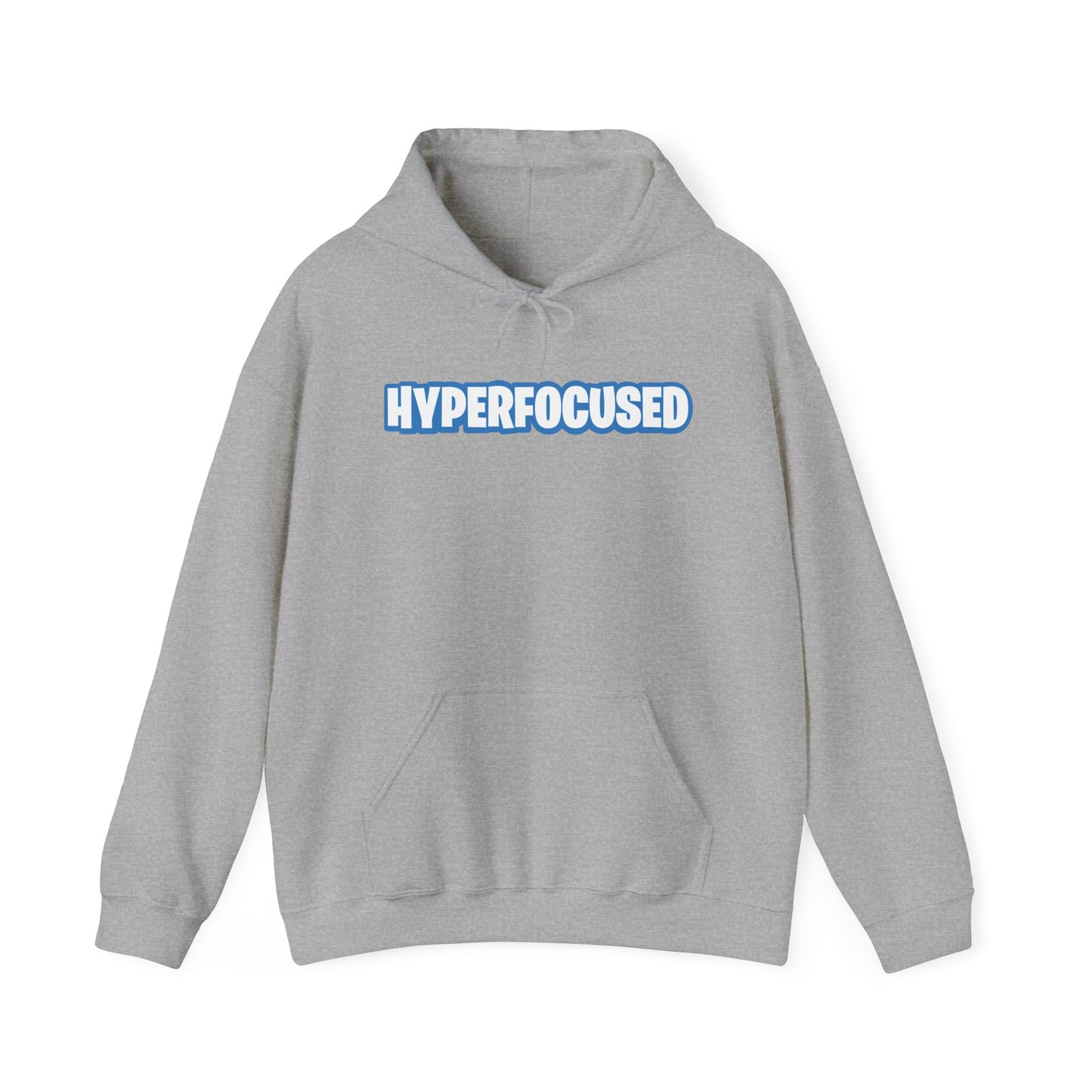 Front view of a gray hoodie featuring the word "HYPERFOCUSED" in a bold, blue Fortnite-style font. Part of the Vivid Divergence Sensory Friendly Unisex Hoodie Range.