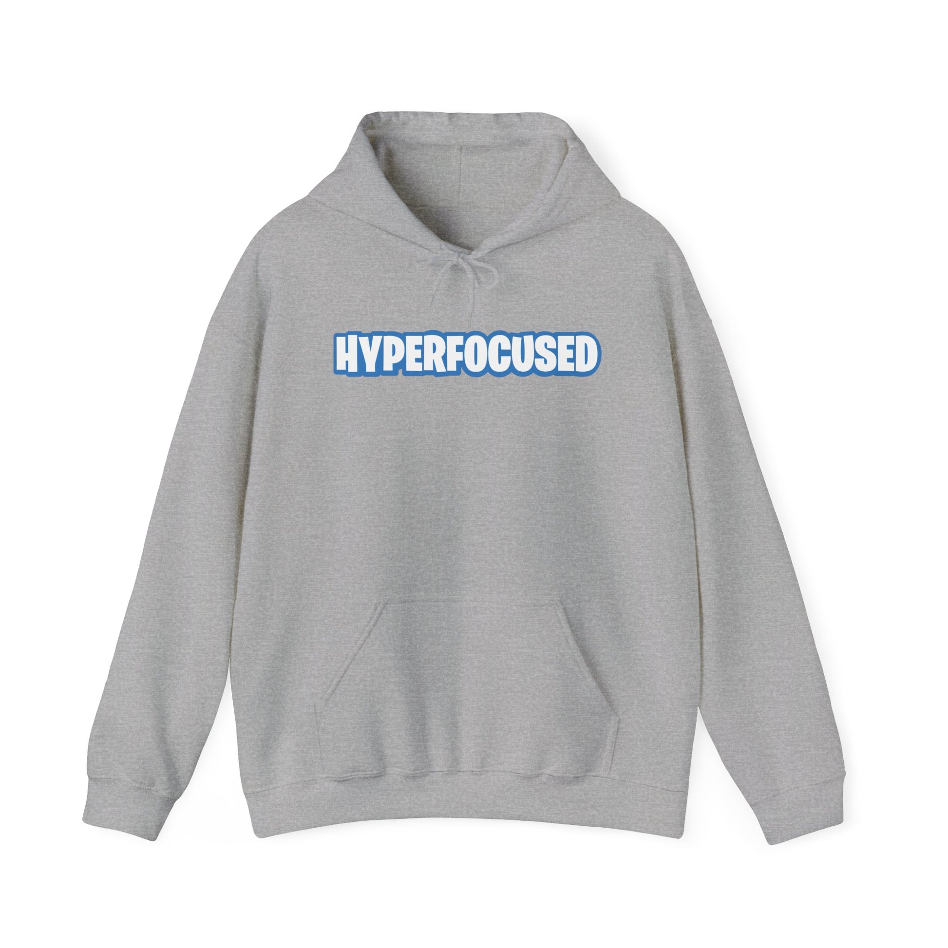 Front view of a gray hoodie featuring the word "HYPERFOCUSED" in a bold, blue Fortnite-style font. Part of the Vivid Divergence Sensory Friendly Unisex Hoodie Range.