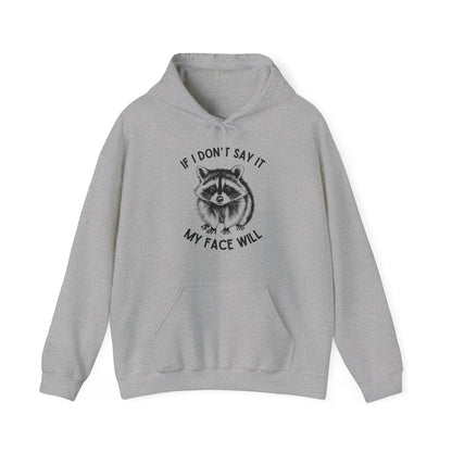 Front view of a gray hoodie featuring a raccoon graphic with the text "If I Don't Say It, My Face Will." Part of the Vivid Divergence Sensory Friendly Unisex Hoodie Range.