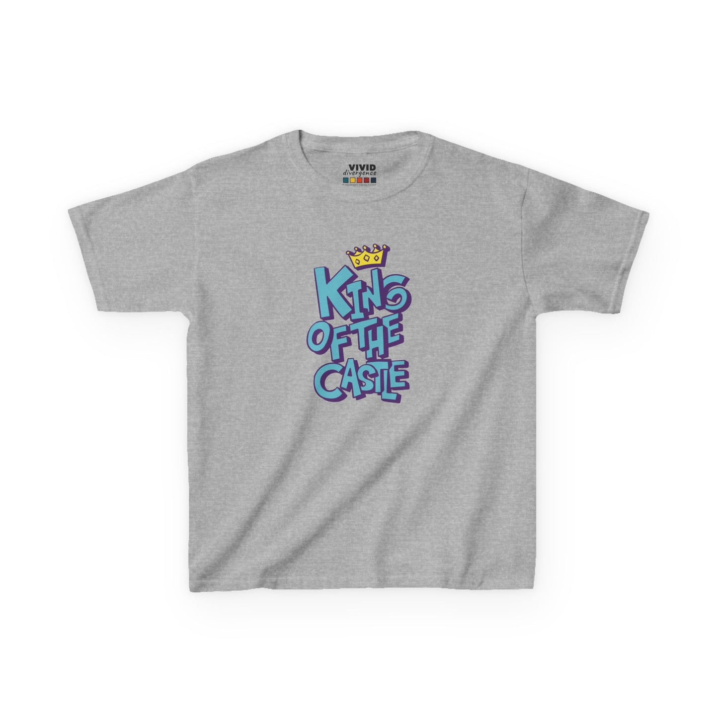 Front view of a gray "King Of The Castle" kids T-shirt featuring bold blue text with a crown graphic. Part of the Vivid Divergence Sensory Friendly Kids Shirts Range. The perfect T-shirt for sensory-sensitive kids and comes with a Sensory Satisfaction Promise.