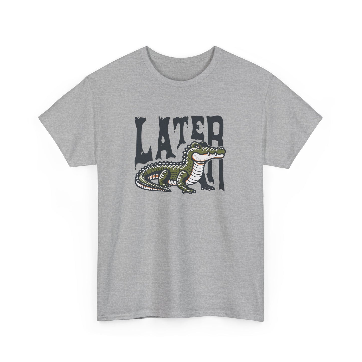 Front view of a gray T-shirt featuring a "Later Alligator" design with a detailed alligator illustration. Part of the Vivid Divergence Sensory Friendly Unisex Tees Range.