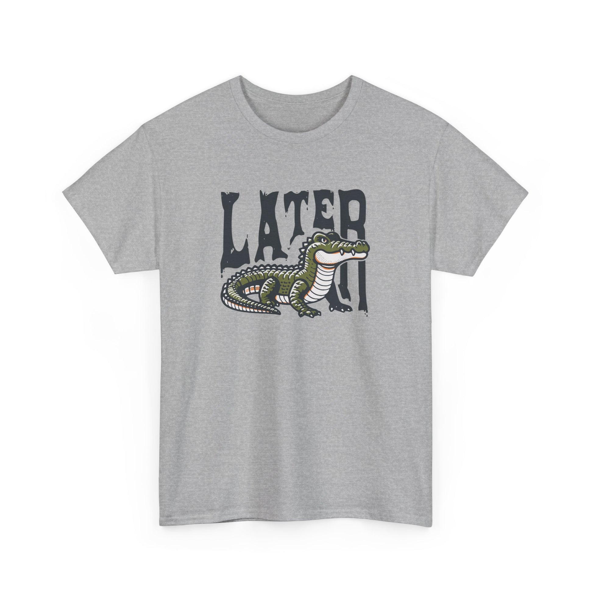 Front view of a gray T-shirt featuring a "Later Alligator" design with a detailed alligator illustration. Part of the Vivid Divergence Sensory Friendly Unisex Tees Range.