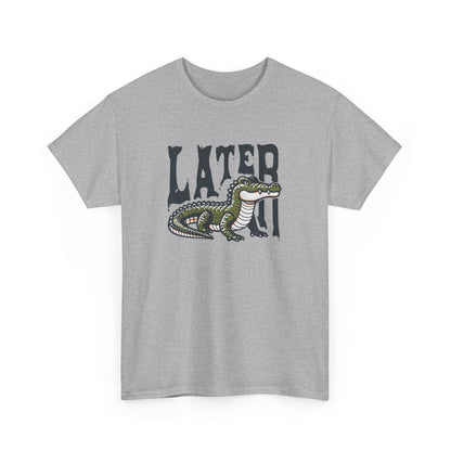Front view of a gray T-shirt featuring a "Later Alligator" design with a detailed alligator illustration. Part of the Vivid Divergence Sensory Friendly Unisex Tees Range.