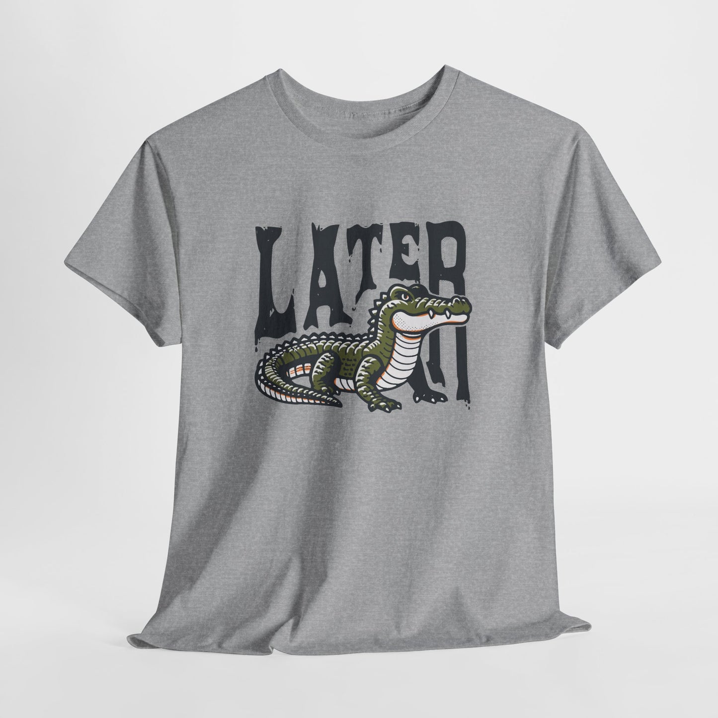 Hanging gray T-shirt featuring a "Later Alligator" design with a detailed alligator illustration. Part of the Vivid Divergence Sensory Friendly Unisex Tees Range.