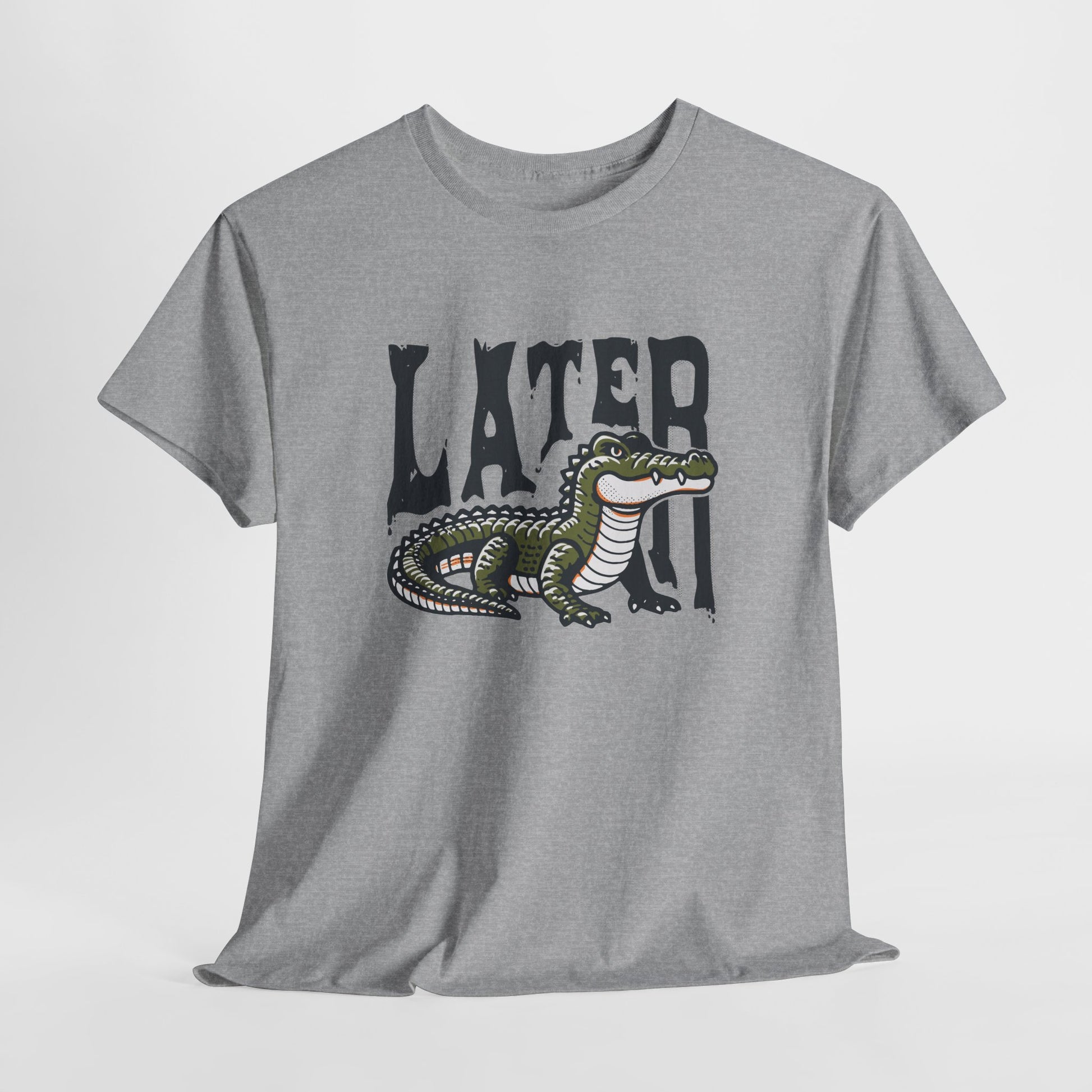 Hanging gray T-shirt featuring a "Later Alligator" design with a detailed alligator illustration. Part of the Vivid Divergence Sensory Friendly Unisex Tees Range.