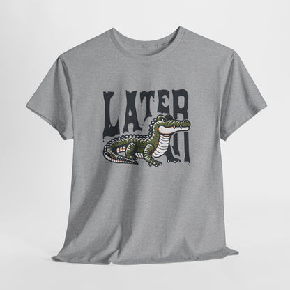 Hanging gray T-shirt featuring a "Later Alligator" design with a detailed alligator illustration. Part of the Vivid Divergence Sensory Friendly Unisex Tees Range.