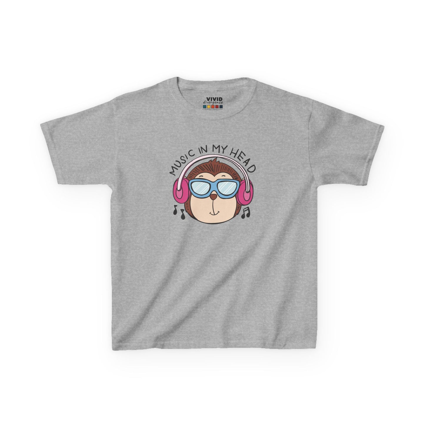 Front view of a gray "Music In My Head" monkey kids T-shirt featuring a cartoon monkey wearing headphones. Part of the Vivid Divergence Sensory Friendly Kids Shirts Range. The perfect T-shirt for sensory-sensitive kids and comes with a Sensory Satisfaction Promise.