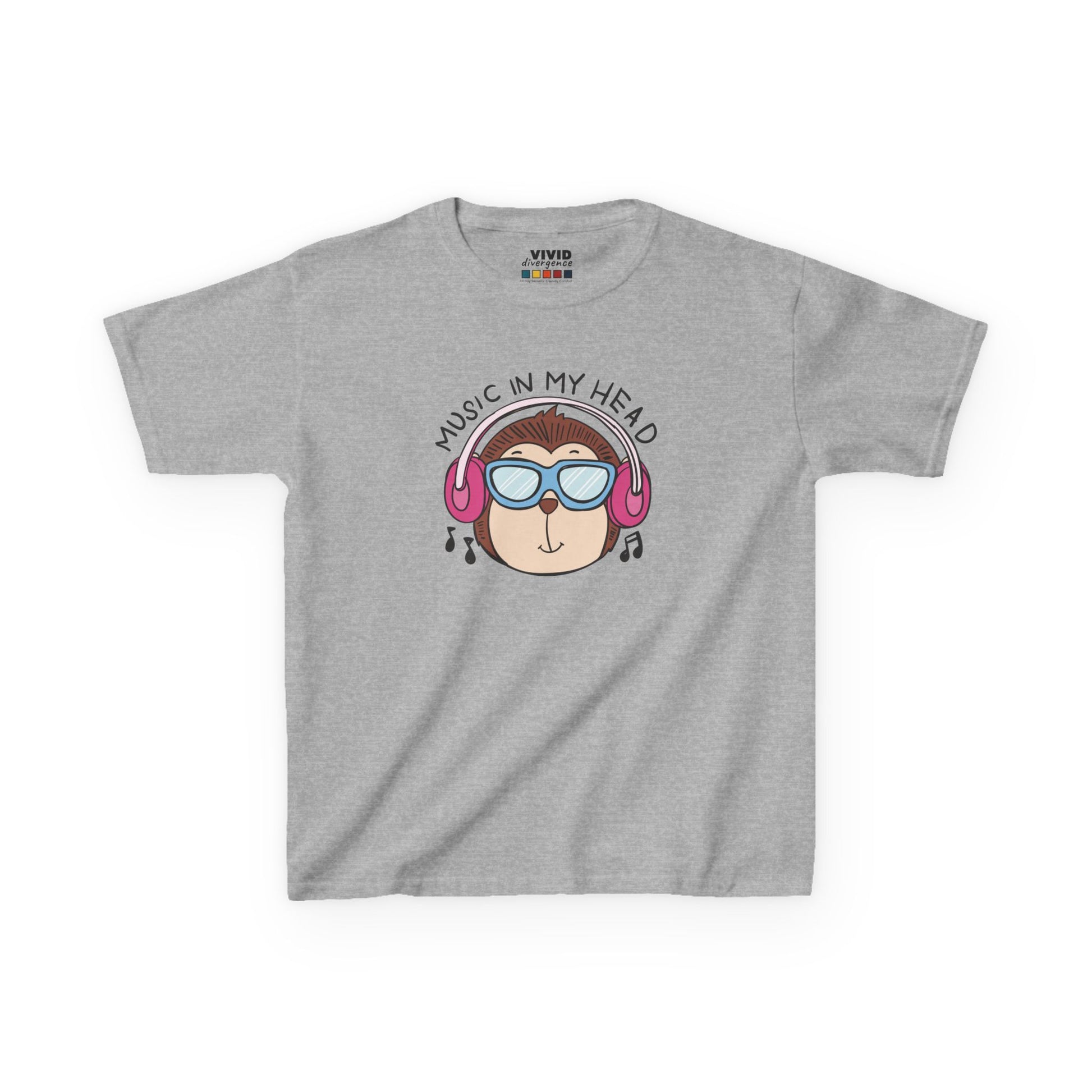 Front view of a gray "Music In My Head" monkey kids T-shirt featuring a cartoon monkey wearing headphones. Part of the Vivid Divergence Sensory Friendly Kids Shirts Range. The perfect T-shirt for sensory-sensitive kids and comes with a Sensory Satisfaction Promise.