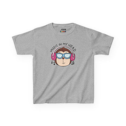 Front view of a gray "Music In My Head" monkey kids T-shirt featuring a cartoon monkey wearing headphones. Part of the Vivid Divergence Sensory Friendly Kids Shirts Range. The perfect T-shirt for sensory-sensitive kids and comes with a Sensory Satisfaction Promise.