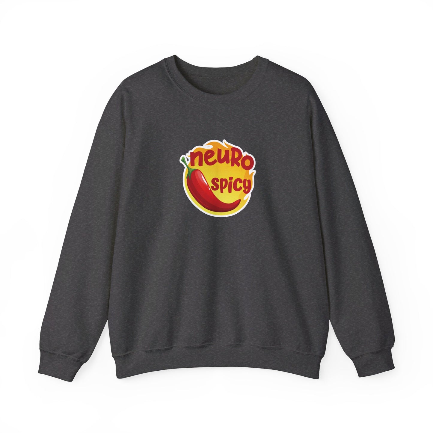 Front view of a gray sweater jumper featuring a red chili pepper graphic with the text "Neuro-Spicy" in bold yellow lettering. Part of the Vivid Divergence Sensory Friendly Unisex Sweater Jumper Range.