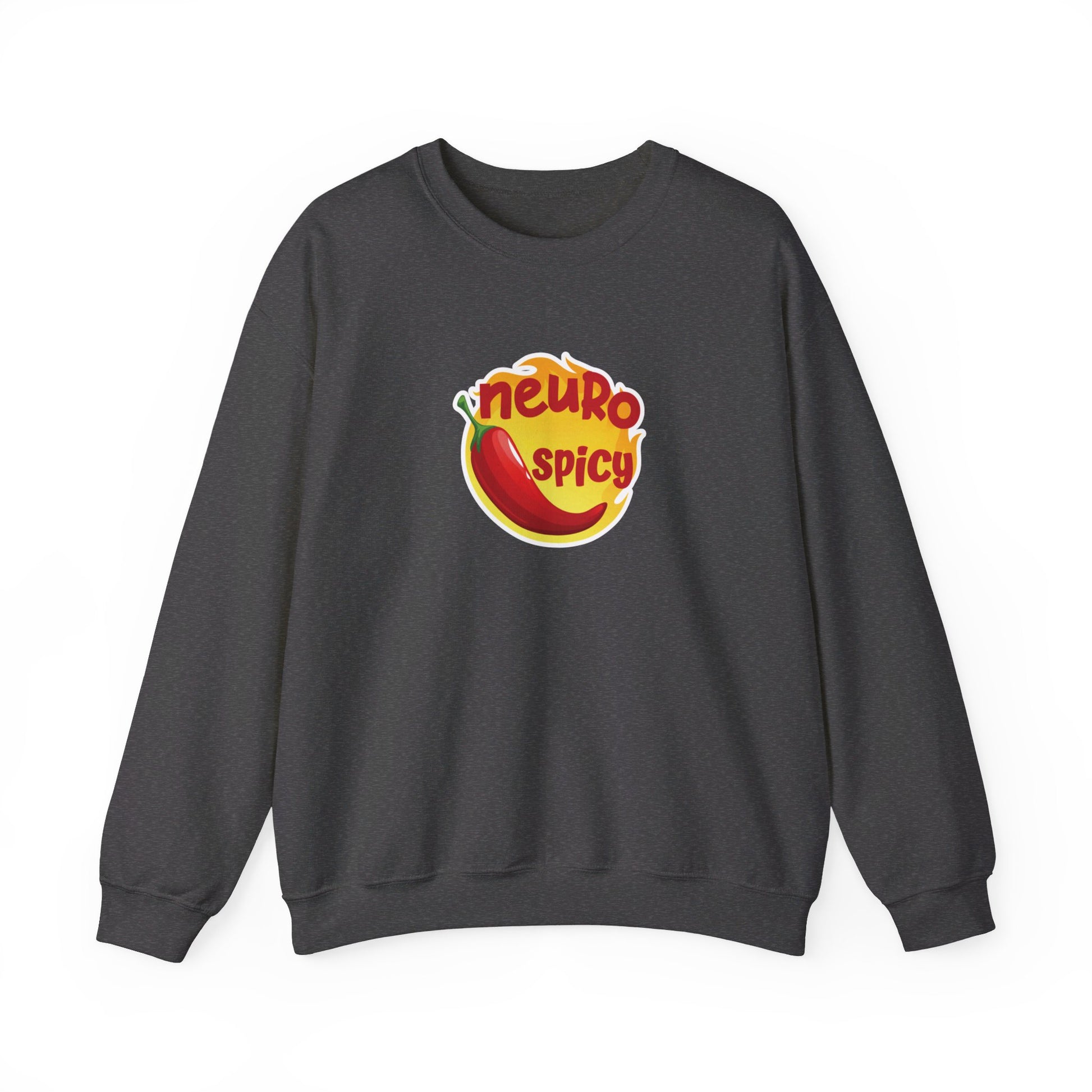 Front view of a gray sweater jumper featuring a red chili pepper graphic with the text "Neuro-Spicy" in bold yellow lettering. Part of the Vivid Divergence Sensory Friendly Unisex Sweater Jumper Range.