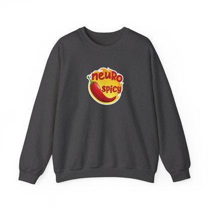 Front view of a gray sweater jumper featuring a red chili pepper graphic with the text "Neuro-Spicy" in bold yellow lettering. Part of the Vivid Divergence Sensory Friendly Unisex Sweater Jumper Range.