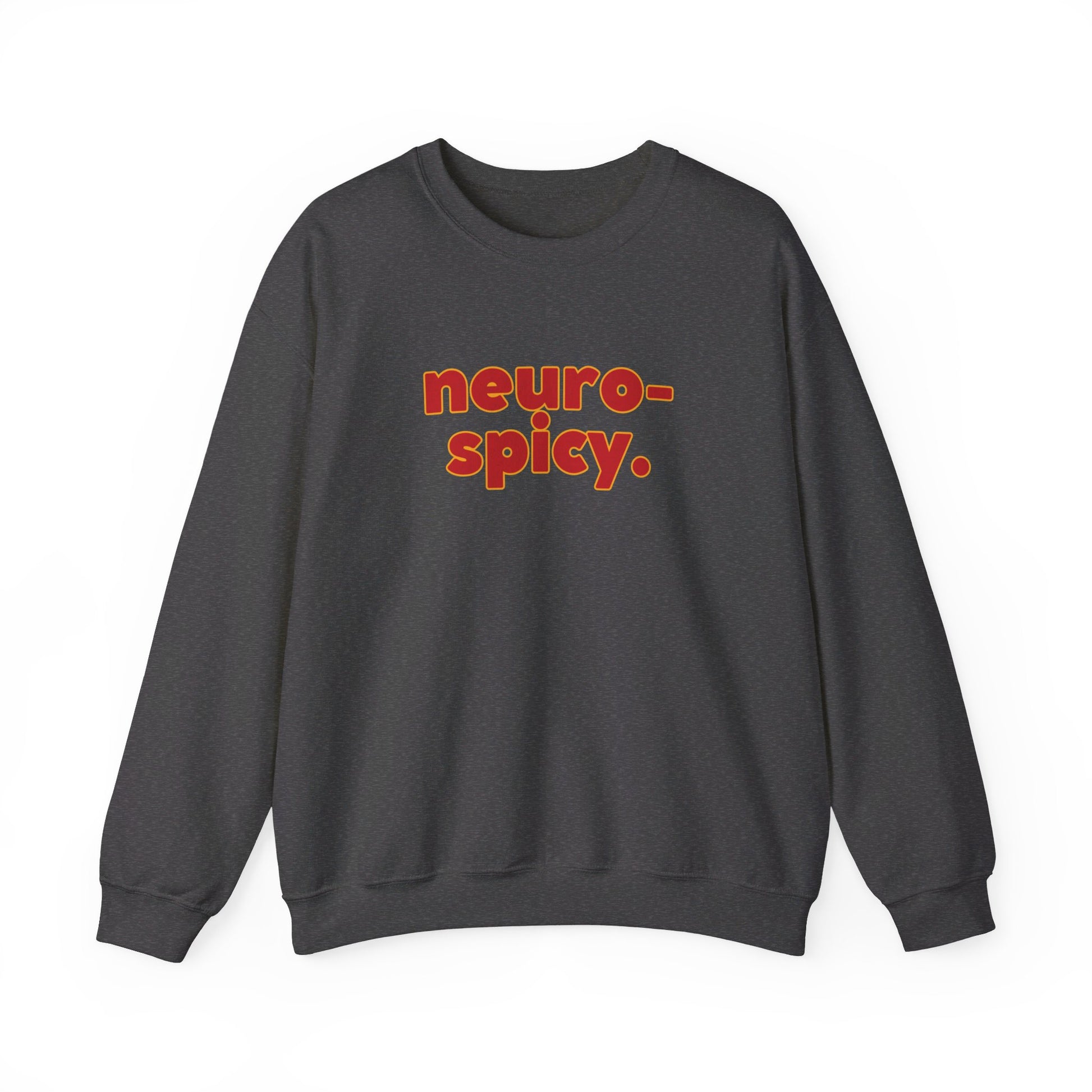 Front view of a gray sweater jumper with the text "neuro-spicy." in bold red lettering. Part of the Vivid Divergence Sensory Friendly Unisex Sweater Jumper Range.