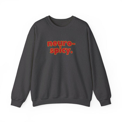 Front view of a gray sweater jumper with the text "neuro-spicy." in bold red lettering. Part of the Vivid Divergence Sensory Friendly Unisex Sweater Jumper Range.