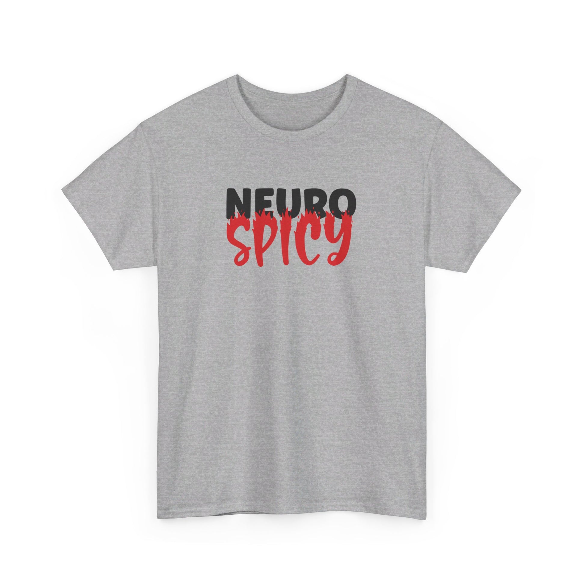 Front view of a gray T-shirt with "Neuro Spicy" text in bold white and red. Part of the Vivid Divergence Sensory Friendly Unisex Tees Range.