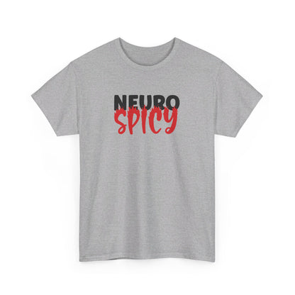 Front view of a gray T-shirt with "Neuro Spicy" text in bold white and red. Part of the Vivid Divergence Sensory Friendly Unisex Tees Range.