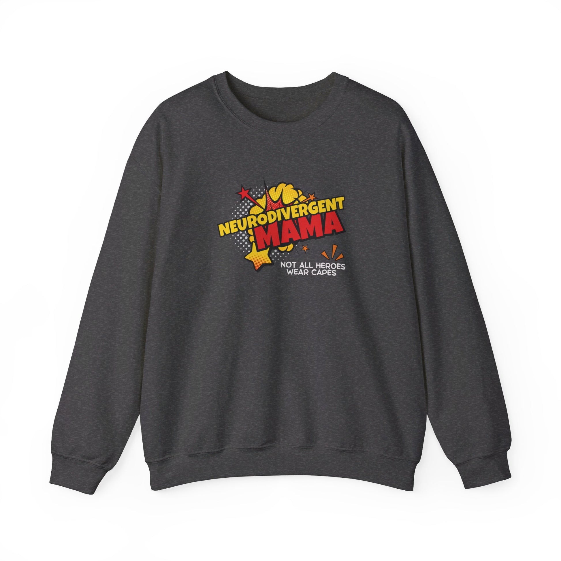 Front view of a gray sweater jumper with the text "Neurodivergent Mama" in bold yellow and red lettering, surrounded by starburst graphics. Part of the Vivid Divergence Sensory Friendly Unisex Sweater Jumper Range.