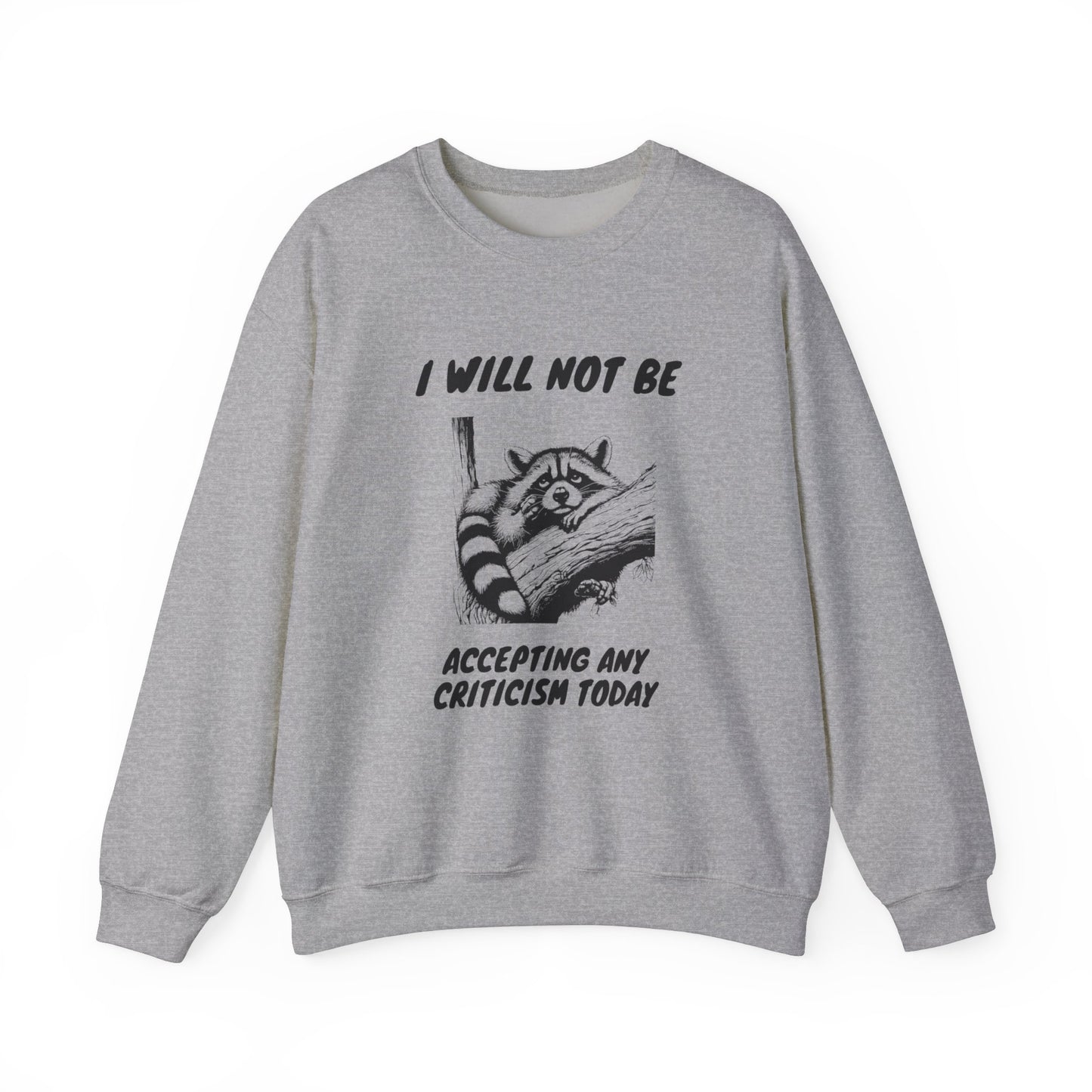 Front view of a gray sweater jumper with the text "I Will Not Be Accepting Any Criticism Today" and a cartoon illustration of a hand with a raised finger. Part of the Vivid Divergence Sensory Friendly Unisex Sweater Jumper Range.