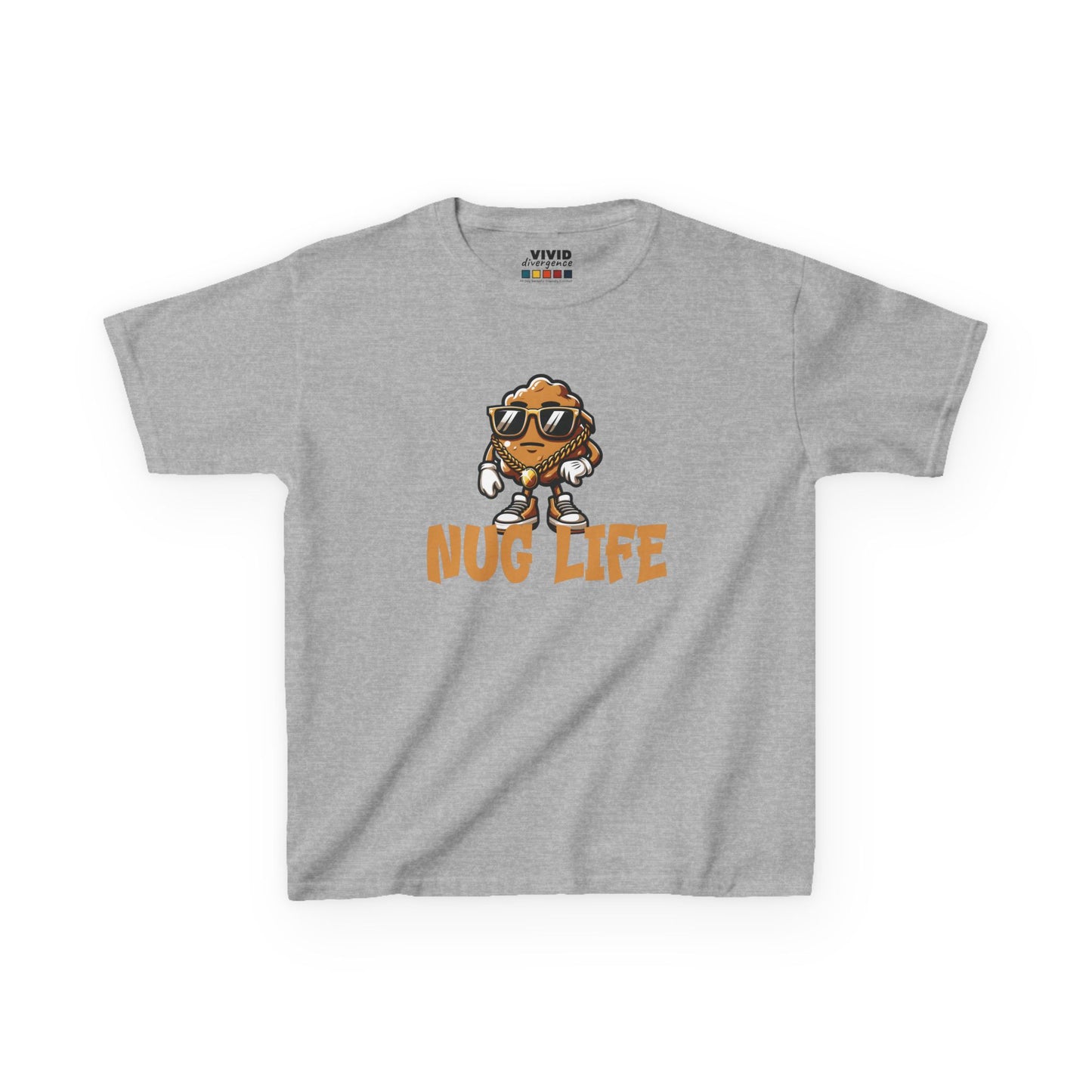 Front view of a gray "Nug Life" chicken nuggets kids T-shirt featuring a cool cartoon chicken nugget wearing sunglasses. Part of the Vivid Divergence Sensory Friendly Kids Shirts Range. The perfect T-shirt for sensory-sensitive kids and comes with a Sensory Satisfaction Promise.