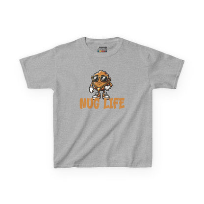 Front view of a gray "Nug Life" chicken nuggets kids T-shirt featuring a cool cartoon chicken nugget wearing sunglasses. Part of the Vivid Divergence Sensory Friendly Kids Shirts Range. The perfect T-shirt for sensory-sensitive kids and comes with a Sensory Satisfaction Promise.