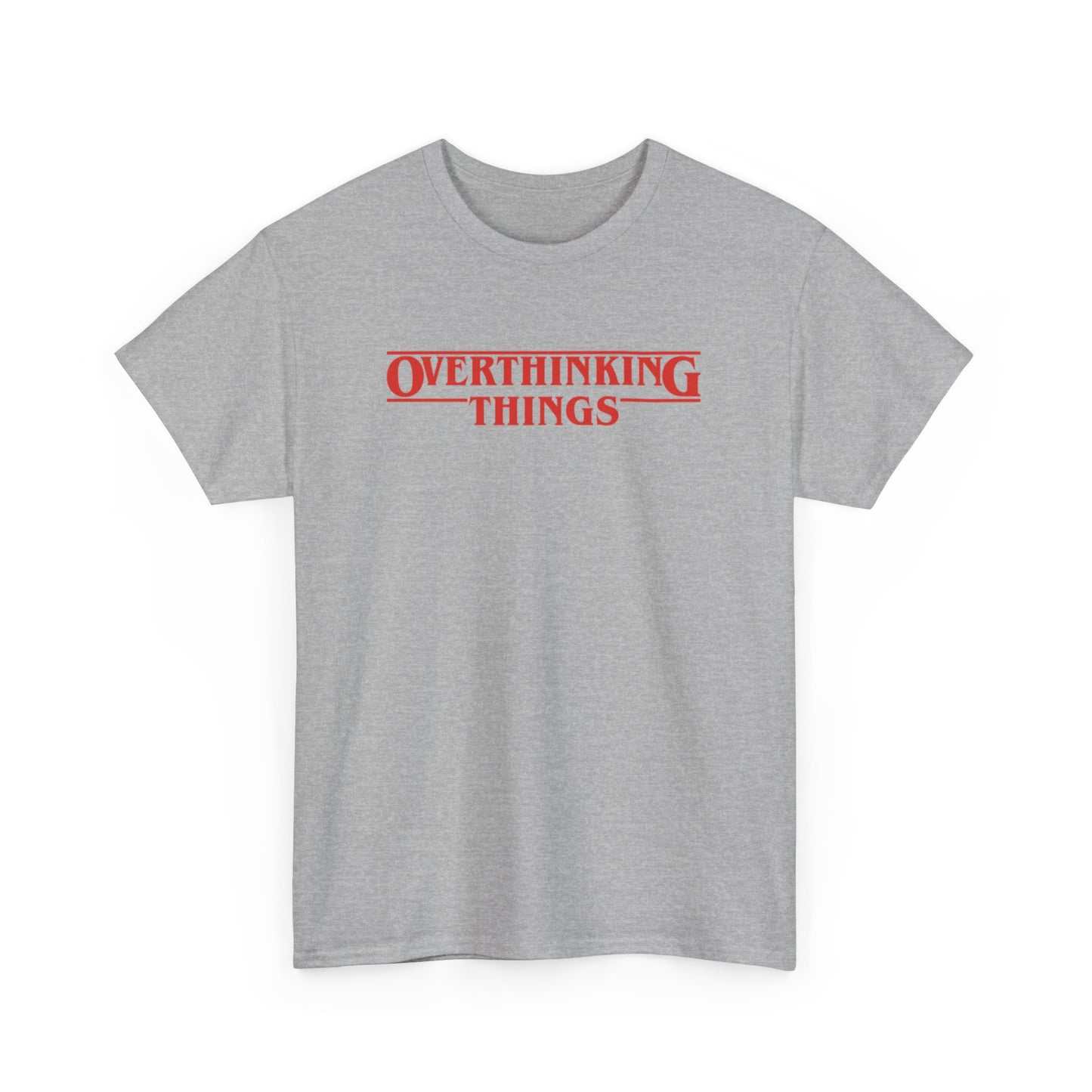 Front view of a gray T-shirt with "Overthinking Things" in red text, parodying Stranger Things. Part of the Vivid Divergence Sensory Friendly Unisex Tees Range.