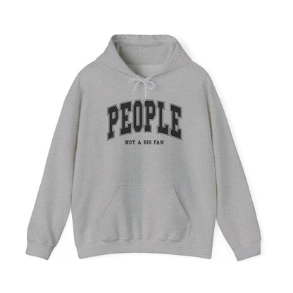 Front view of a gray hoodie featuring the text "People, Not a Big Fan" in bold collegiate-style black lettering. Part of the Vivid Divergence Sensory Friendly Unisex Hoodie Range.