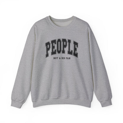Front view of a gray sweater jumper with the text "People. Not a Big Fan" in bold white lettering. Part of the Vivid Divergence Sensory Friendly Unisex Sweater Jumper Range.