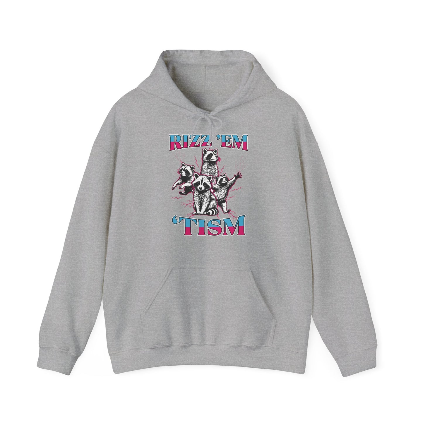 Front view of a gray hoodie featuring a raccoon illustration with the text "Rizz 'Em 'Tism" in bold, colorful letters. Part of the Vivid Divergence Sensory Friendly Unisex Hoodie Range.