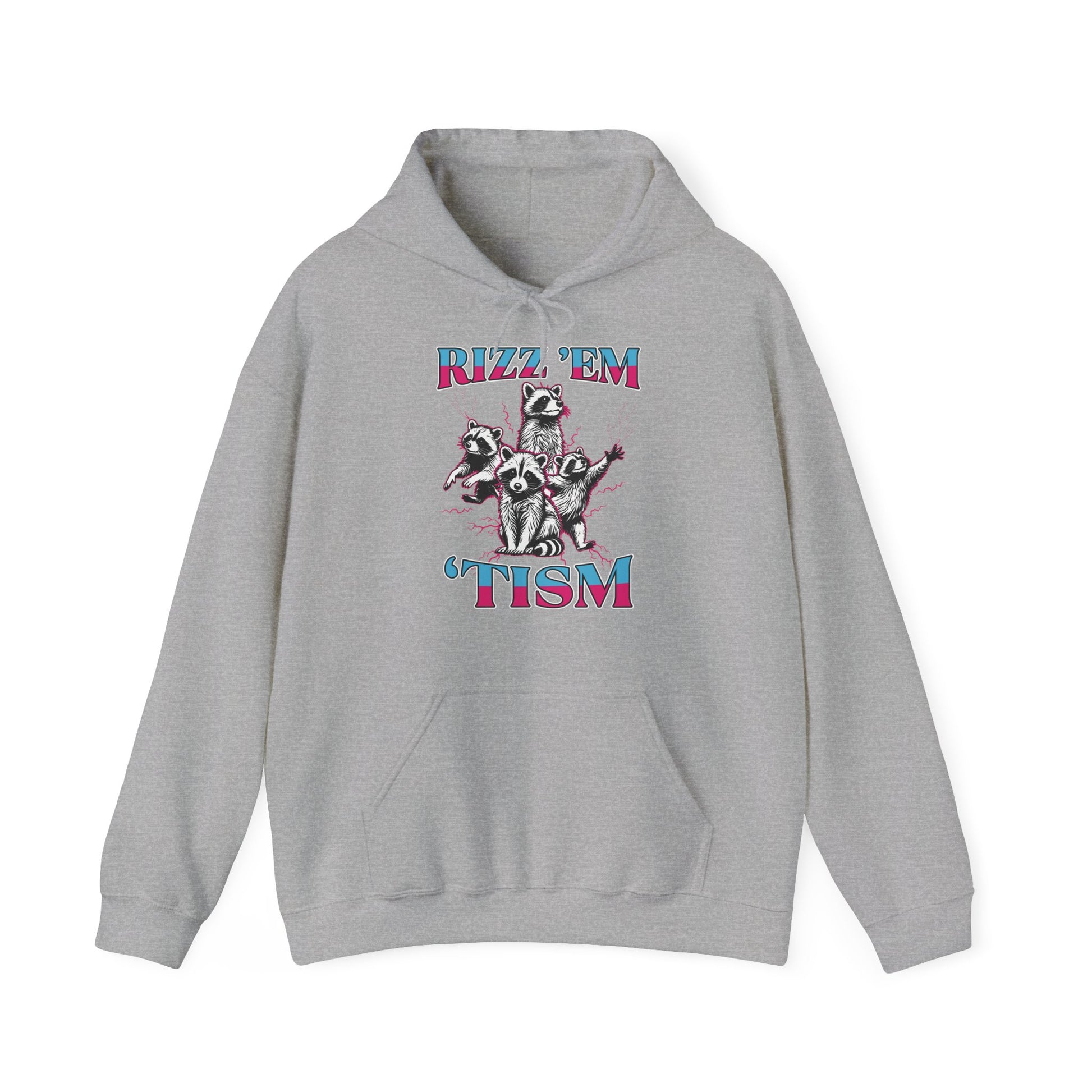 Front view of a gray hoodie featuring a raccoon illustration with the text "Rizz 'Em 'Tism" in bold, colorful letters. Part of the Vivid Divergence Sensory Friendly Unisex Hoodie Range.