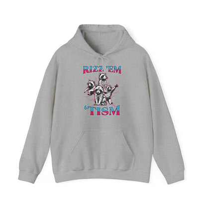 Front view of a gray hoodie featuring a raccoon illustration with the text "Rizz 'Em 'Tism" in bold, colorful letters. Part of the Vivid Divergence Sensory Friendly Unisex Hoodie Range.