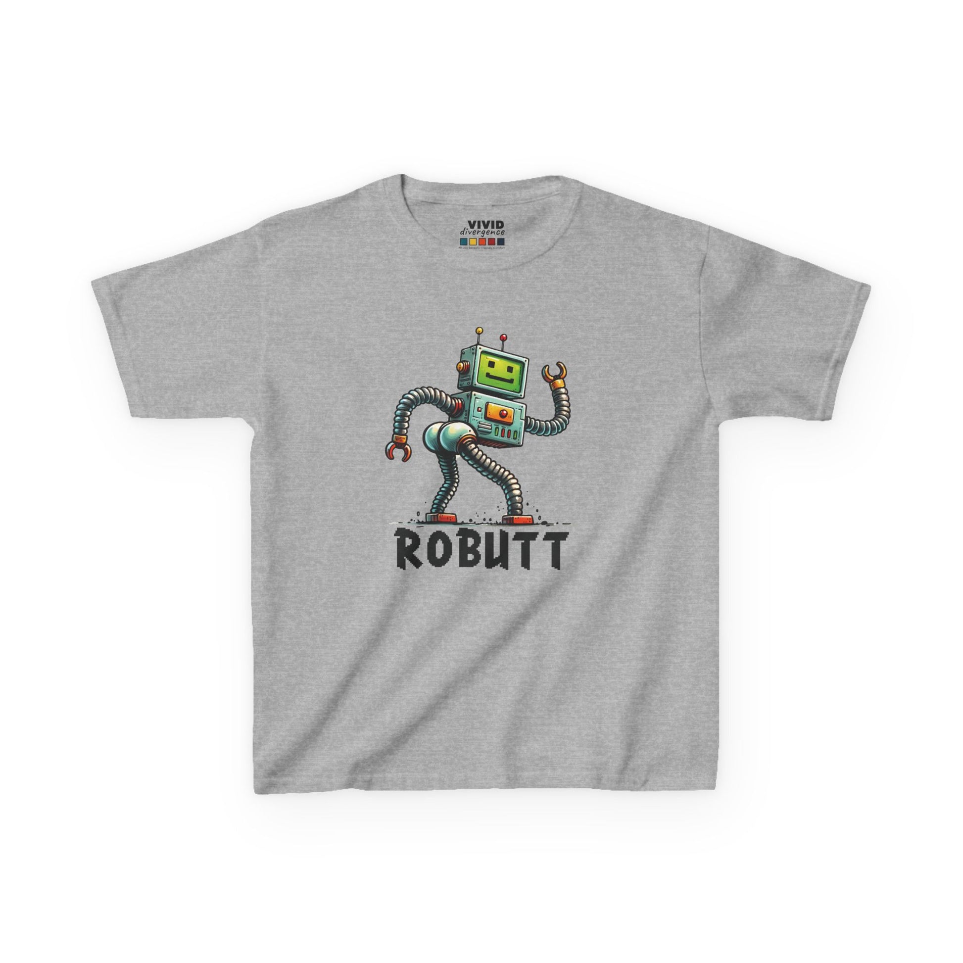 Front view of a gray "Robutt" robot shuffle kids T-shirt featuring a playful cartoon robot dancing. Part of the Vivid Divergence Sensory Friendly Kids Shirts Range. The perfect T-shirt for sensory-sensitive kids and comes with a Sensory Satisfaction Promise.