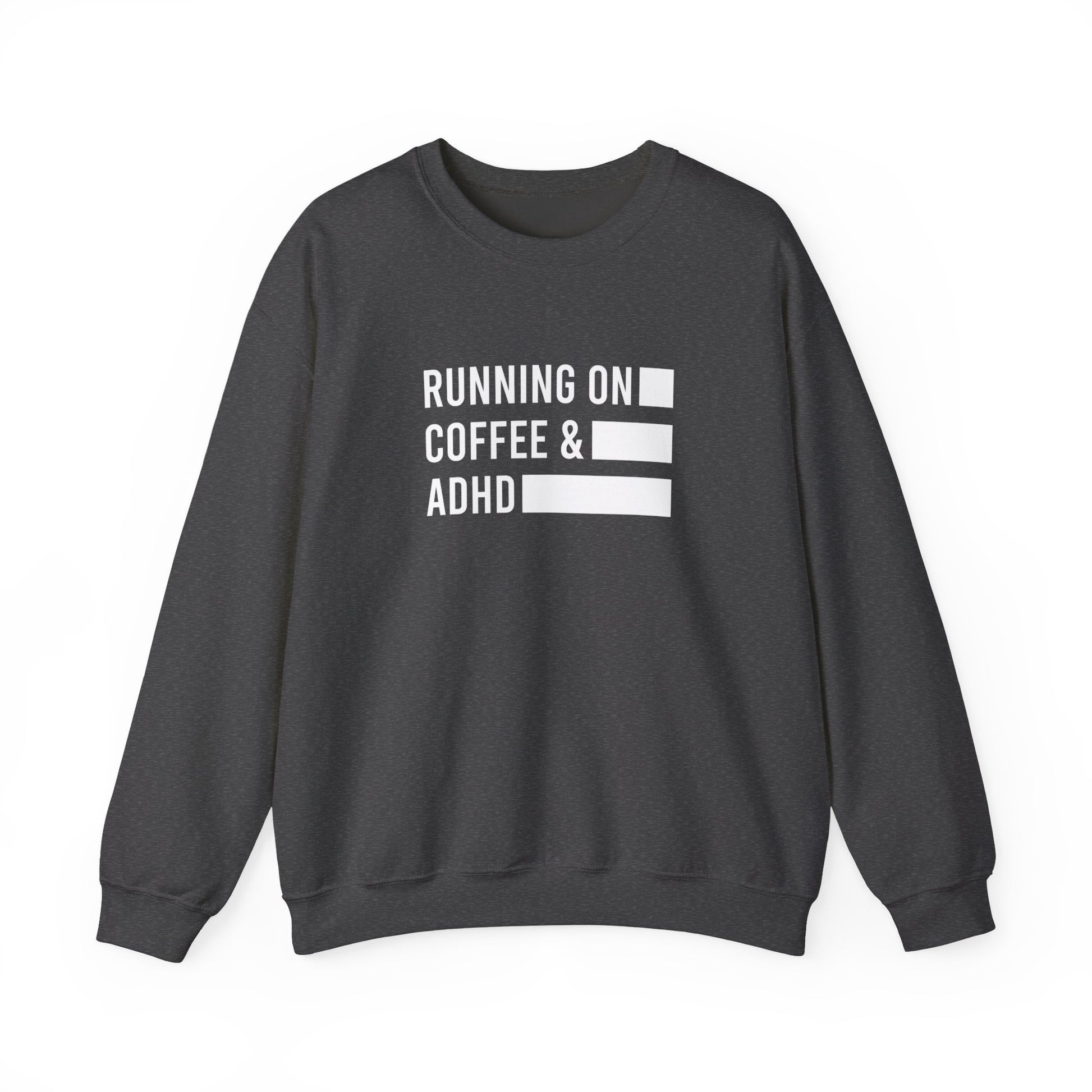 Front view of a gray sweater jumper with the text "Running on Coffee & ADHD" in bold white lettering and a battery graphic. Part of the Vivid Divergence Sensory Friendly Unisex Sweater Jumper Range.