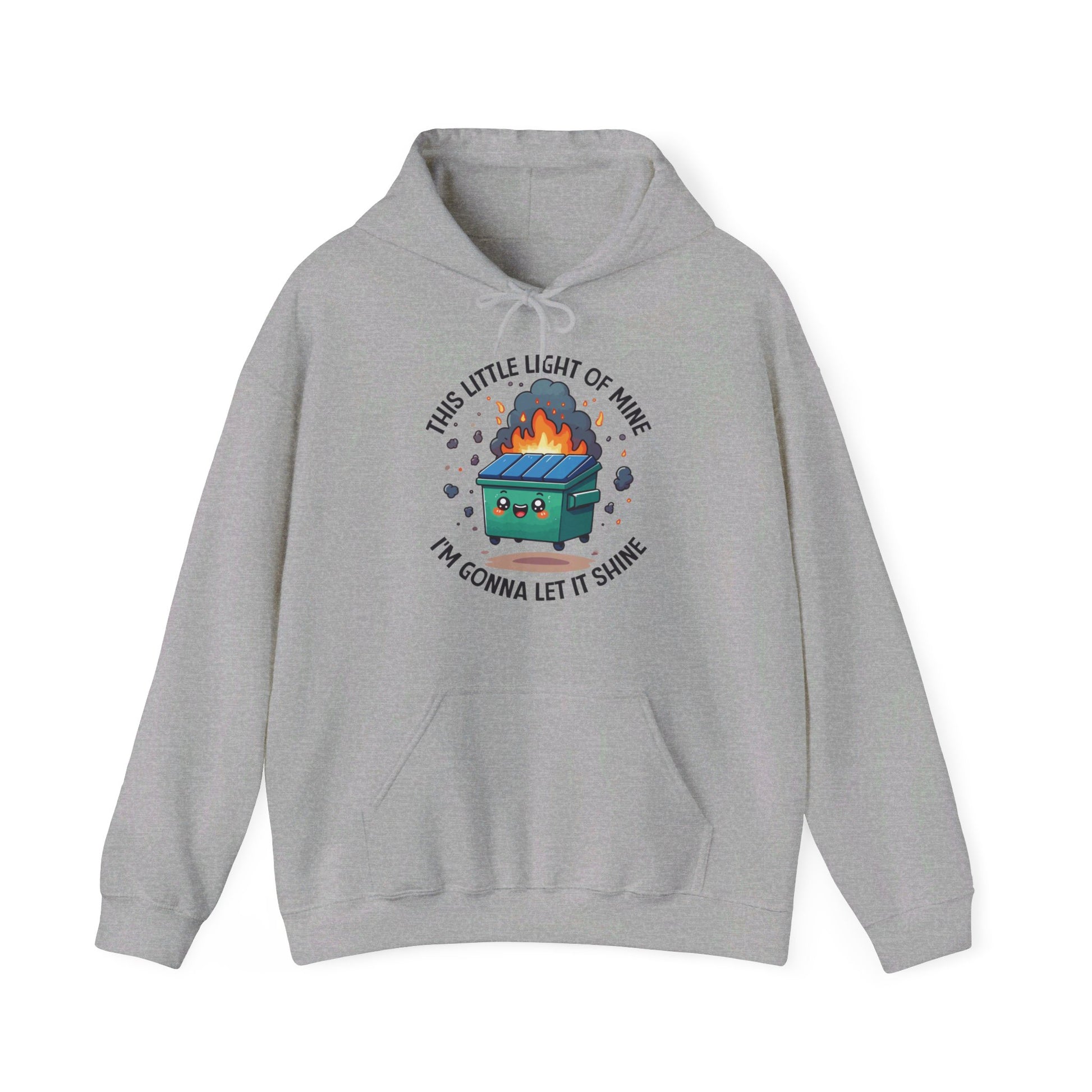 Front view of a gray hoodie featuring the text "This Little Light of Mine, I'm Gonna Let It Shine" and a cartoon illustration of a dumpster fire with glowing flames. Part of the Vivid Divergence Sensory Friendly Unisex Hoodie Range.