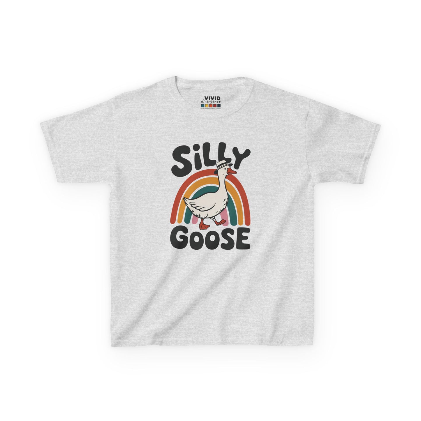 Front view of a gray "Silly Goose" rainbow kids T-shirt featuring a cartoon goose with a colorful rainbow. Part of the Vivid Divergence Sensory Friendly Kids Shirts Range. The perfect T-shirt for sensory-sensitive kids and comes with a Sensory Satisfaction Promise.