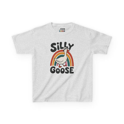 Front view of a gray "Silly Goose" rainbow kids T-shirt featuring a cartoon goose with a colorful rainbow. Part of the Vivid Divergence Sensory Friendly Kids Shirts Range. The perfect T-shirt for sensory-sensitive kids and comes with a Sensory Satisfaction Promise.