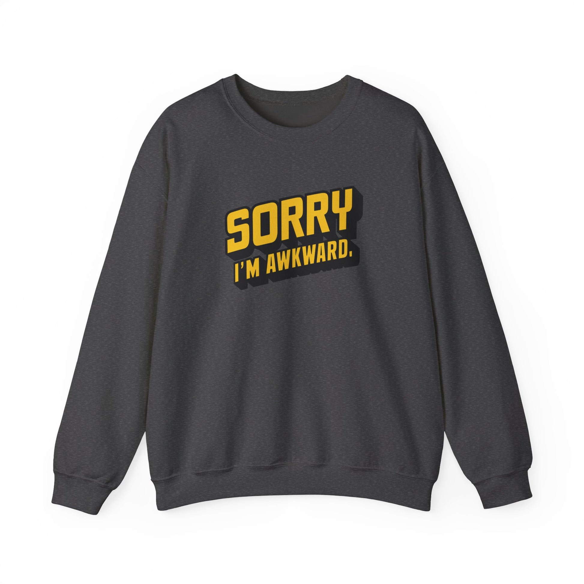 Front view of a gray sweater jumper with the text "Sorry, I'm Awkward." in bold yellow lettering. Part of the Vivid Divergence Sensory Friendly Unisex Sweater Jumper Range.