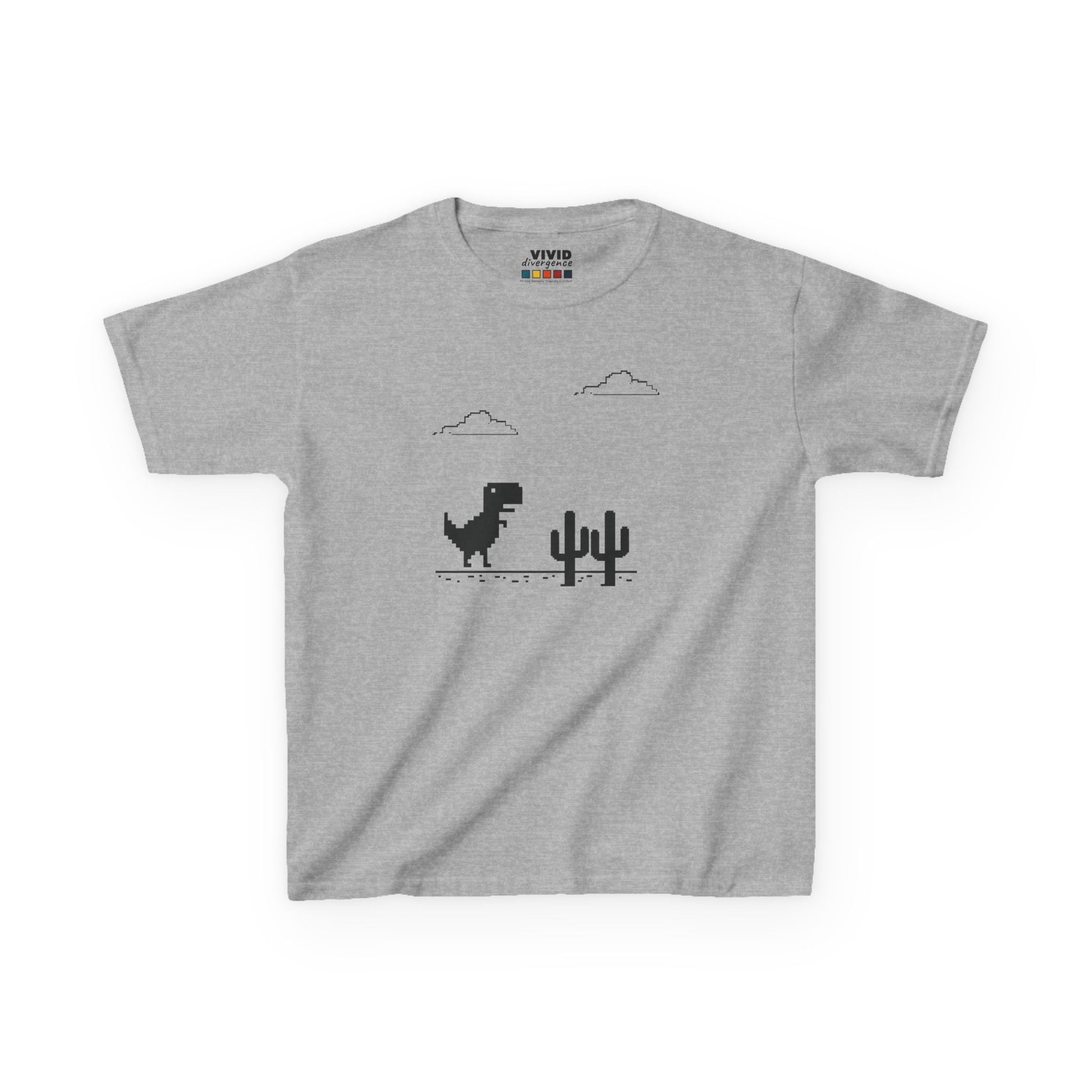 Front view of a gray "T-Rex Runner" Dinosaur Game kids T-shirt featuring a pixelated T-Rex and cactus design. Part of the Vivid Divergence Sensory Friendly Kids Shirts Range. The perfect T-shirt for sensory-sensitive kids and comes with a Sensory Satisfaction Promise.